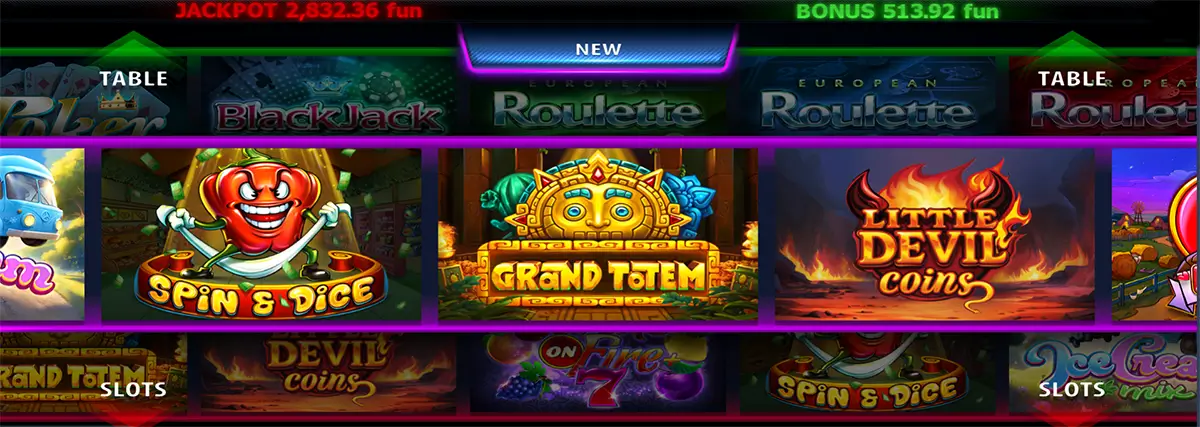 Горизонтальний банер з ігровими автоматами Spin & Dice, Grand Totem та Little Devil Coins у яскравому казино-інтерфейсі