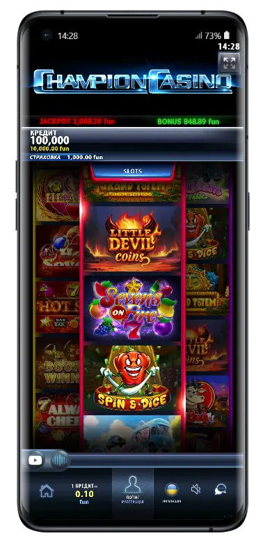 Мобільний екран Champion Casino зі стрічкою гарячих слотів, балансом гравця та активними бонусами